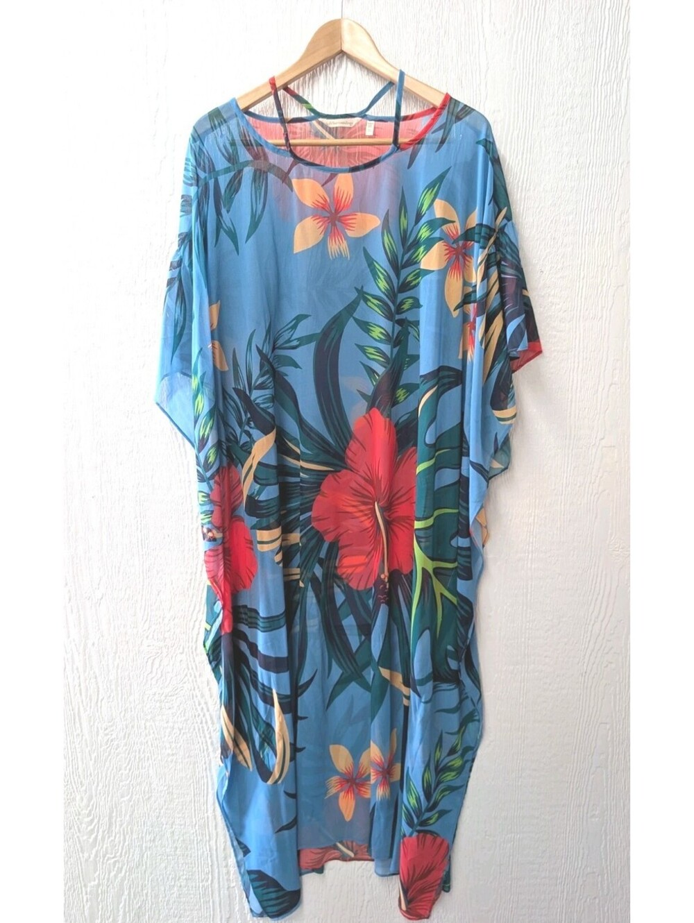 Soft Surroundings Kaftan Dress Sheer Hibiscus Hawaiian Tropical Beach Cover Up